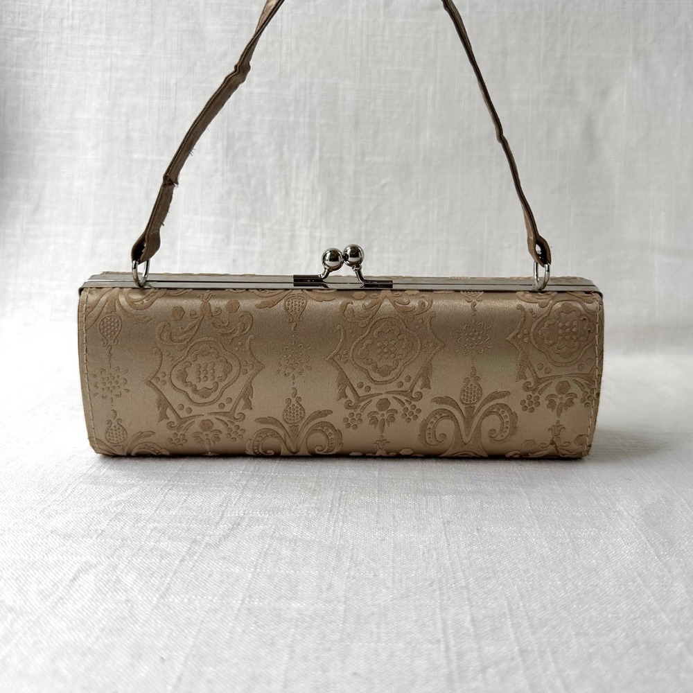 Vintage 1960s Champagne Brocade Evening Bag Kiss Lock Structured Handbag